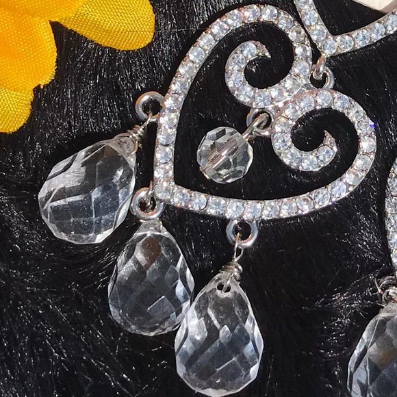 Boho Earrings Rhinestone Chandelier Heart Dangles - Picture 3 of 5